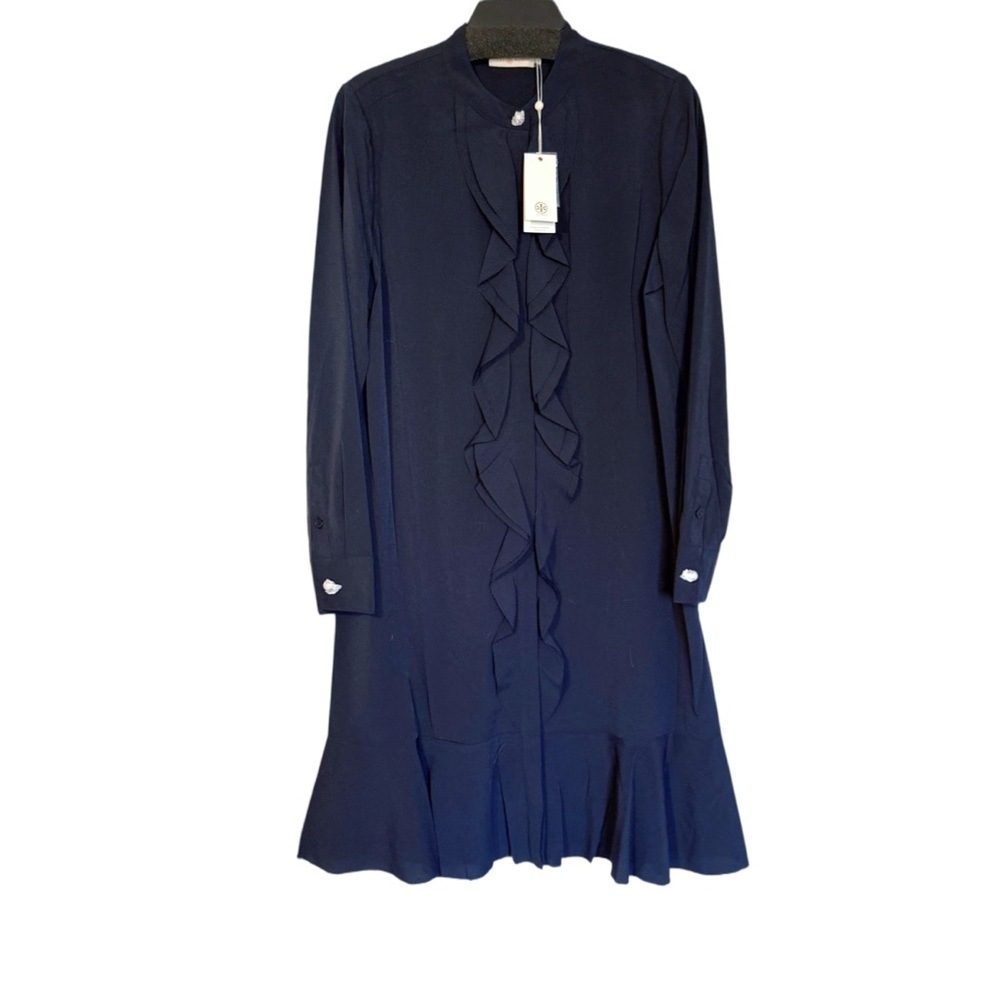 NWT Tory Burch Jane Ruffle Crepe Shirt Dress, Navy Blue, Luxury, size 12